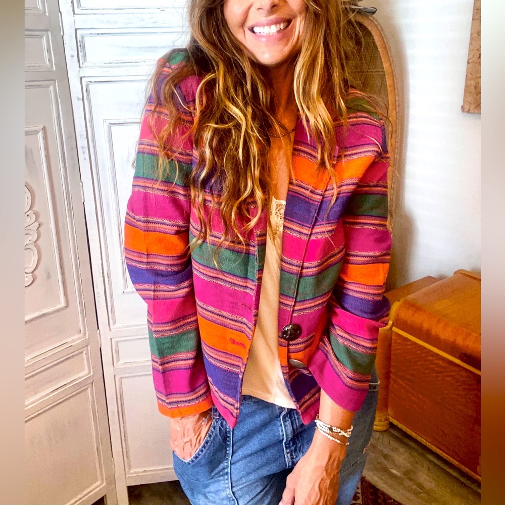 Vintage 90s Southwest woven blanket tapestry bright colors blazer jacket…